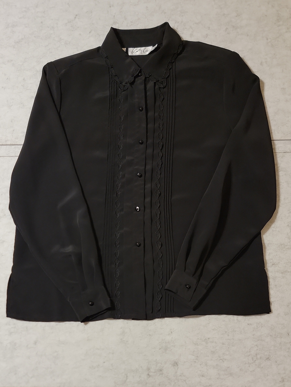 Vintage Kathy Che Black Blouse Beaded Collar Pleated Goth Dark Academia Sz 12